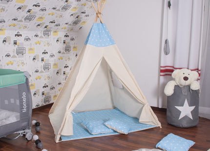 Tipi Tent | Wigwam Speeltent | 120x100x180 cm | Met Mat en Kussens | Naturel Blauw | Sterren