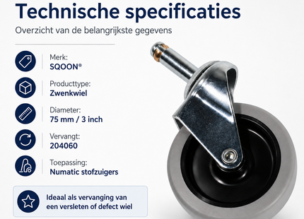 SQOON® Zwenkwiel 75 mm geschikt voor Numatic CT570, WVD570 & NTD750 – Vervanger voor 204060