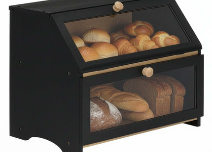 Broodtrommel Voor Op Het Aanrecht - Broodmand - Metaal - Bamboe Deksel - 2 Laags -  Zwart - 25 X 39 X 32 CM