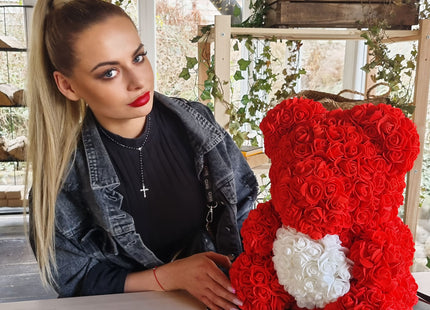 Rozen Beer | Rozenbeer | Rose Bear | Rozen Teddybeer | Liefde | Inclusief Giftbox | 36 x 26 x 26 cm | Rood / Wit