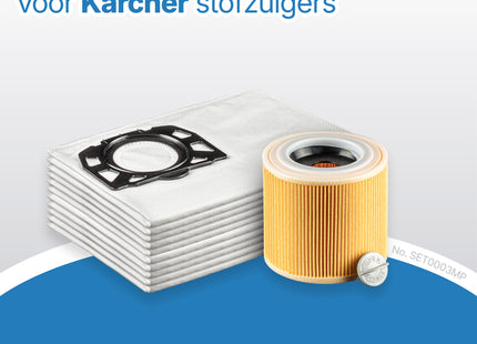 SQOON® Stofzuigerzakken + Filter Servicekit Geschikt voor Kärcher WD2 Plus & WD3 – 10x KFI357 Stofzuigerzakken + 1x Filter KFI 3310