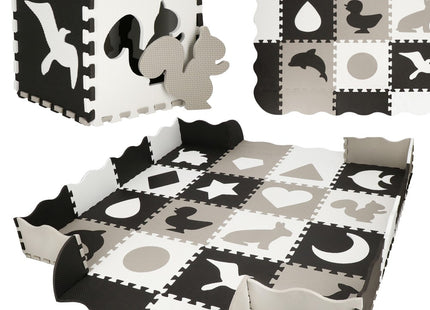 Speelmat | Speelmat Foam | Puzzelmat | Figuren | 16 Puzzelstukken | 150 x 150 cm | Zwart/Wit/Grijs