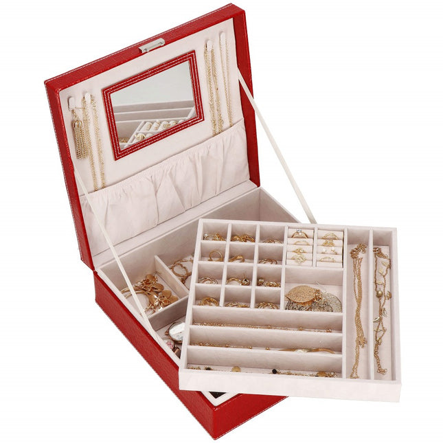 Sieradendoos | Juwelendoos | 2 Lagen | 26 x 26 x 8.5 cm | Rood