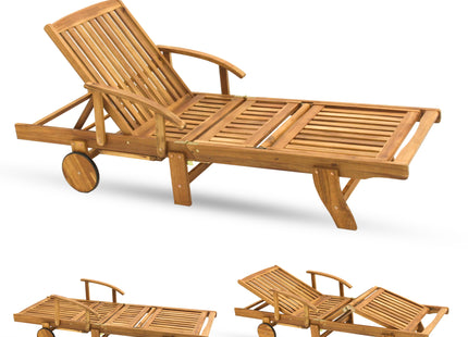 Houten Ligstoel - Ligbed -  Op Wielen -  Verstelbaar - Weersbestendig  - Uitschuiftafel - 193 x 70 x 30 Cm