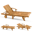 Houten Ligstoel - Ligbed -  Op Wielen -  Verstelbaar - Weersbestendig  - Uitschuiftafel - 193 x 70 x 30 Cm