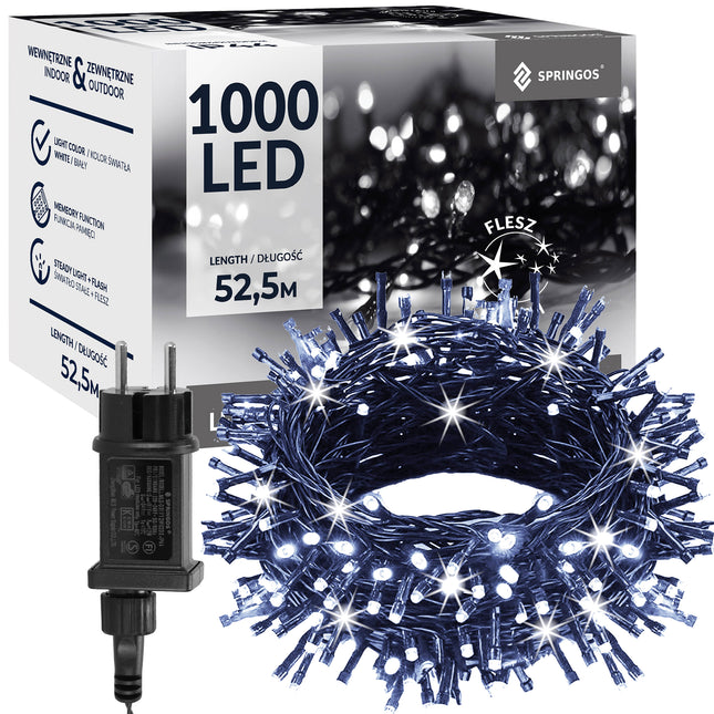 Kerstboomverlichting | met 1000 LED Lampjes | 50 M | Koel Wit | Inclusief Flitsfunctie