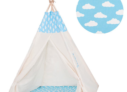 Tipi Tent | Wigwam Speeltent | 120x100x180 cm | Met Mat en Kussens | Naturel Blauw | Wolken
