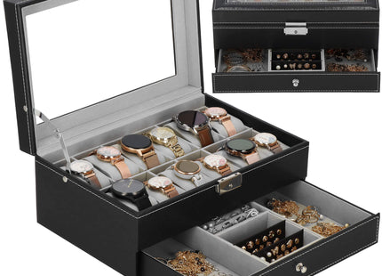 Horlogedoos -Sieradendoos - Horlogebox - Horlogeopberger - Zwart - 12 Horloges - 30x20x13 Cm