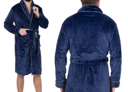 Badjas - Fleece - Marineblauw - Grijstint - Capuchon - Riem - Maat M/L