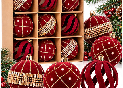 Kerstballen | 9 Stuks | 8,5 cm | Rood | velours