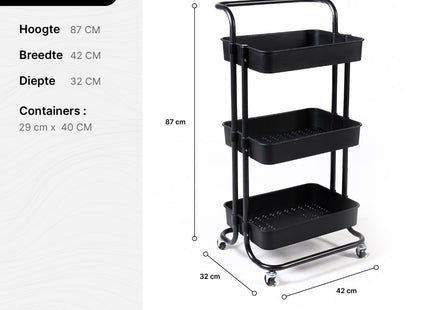 Keukentrolley | Keukentrolley Op Wieltjes | Badkamer Trolley | Opbergrek | 3 Niveaus | 87 x 42 x 32 cm | Zwart