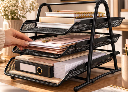 Springos® Bureau Organizer met 3 Uitschuifbare Laden – Metalen Documentenhouder A4 – Zwarte Brievenbak met 3 Niveaus – Bureau Opberger voor Kantoor en Thuis