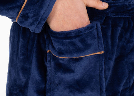 Badjas - Fleece - Marineblauw - Grijstint - Capuchon - Riem - Maat L/XL