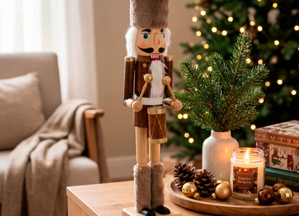 Notenkraker 38 cm – Houten Kerstsoldaat met Trommel – Bruin en Goud – Traditionele Kerstdecoratie met Beweegbare Mond