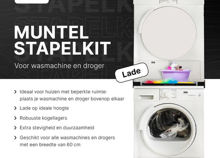 Muntel® Tussenstuk Wasmachine Droger - Stapelkit Wasmachine Droger - Universeel - Uitschuifbare werkblad - Zwart