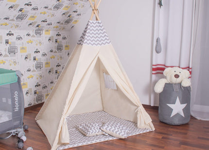 Tipi Tent | Wigwam Speeltent | 120x100x180 cm | Met Mat en Kussens | Naturel Grijs | Golven