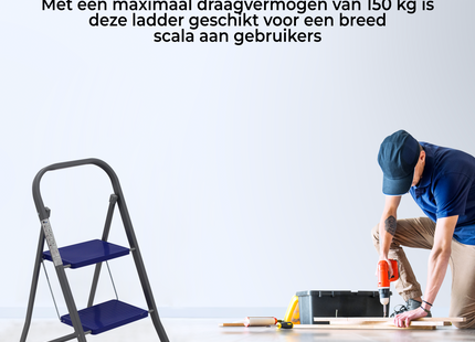 Huishoudtrap 2 treden - Keukentrap Inklapbaar - TÜV/GS - Blauw - Antislip - Max. hoogte 47 cm