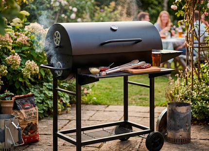 Houtskool barbecue - Op Wielen - BBQ - Asopvangbak - Thermometer - Kunststof - Staal - Zwart