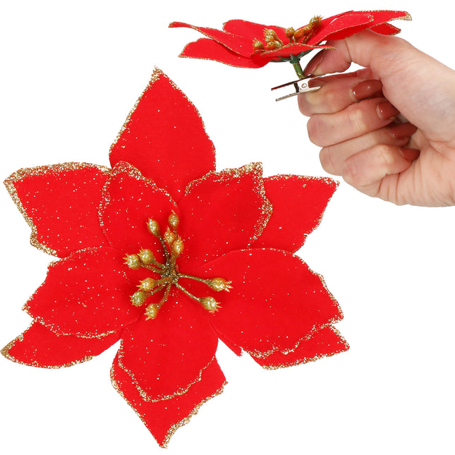 Kunstbloem - Ster van Bethlehem - Rood - Glitters - Clip