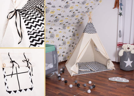 Tipi Tent | Wigwam Speeltent | 120x100x180 cm | Met Mat en Kussens | Naturel Zwart | Golven