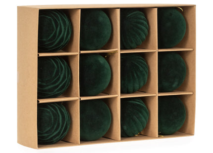 Kerstballen 12 Stuks – Donkergroen – Fluwelen Kerstboomversiering – 3 Verschillende Designs – Onbreekbare Kerstballen 5,5 cm – Inclusief Ophangkoorden