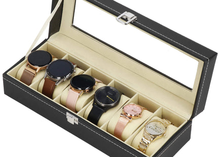 Horlogedoos - Horlogebox - Horlogeopberger -  Suède - Zwart - Creme - 6 Horloges