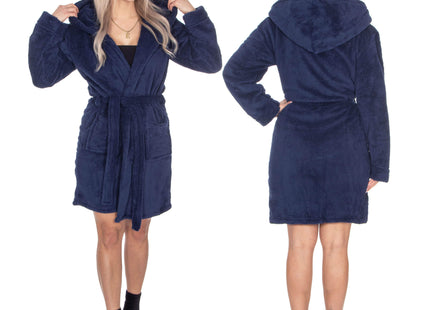 Badjas - Fleece - Marineblauw - Capuchon - Riem - Maat L/XL