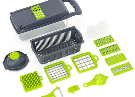 Groentesnijder 7-in-1 – Multifunctionele groenterasp – Met opvangbak en accessoires – Grafiet/Groen