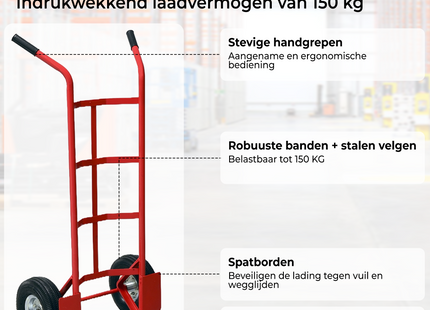 Steekwagen - Staal - 150 KG Draagvermogen - Transportwagen - Plateauwagen - Steekkar - Trolley - Transport - Rood