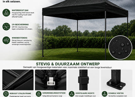Muntel® Partytent - 300x300x285cm - Hoogte Verstelbaar - PVC - Polyester - Harmonica- Frame - Antraciet- Draagtas