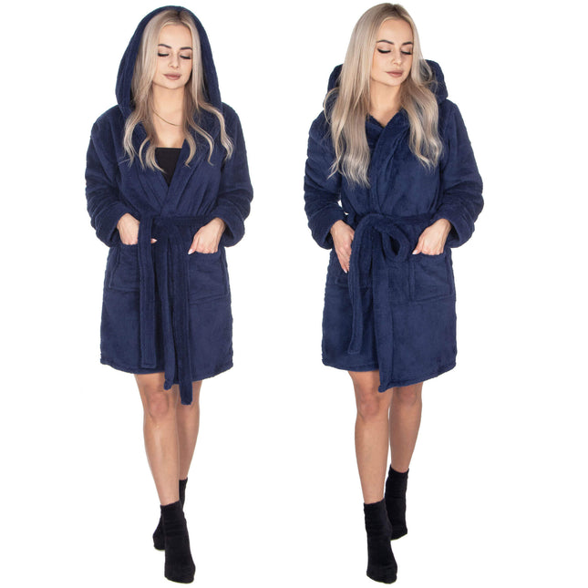 Badjas - Fleece - Marineblauw - Capuchon - Riem - Maat L/XL