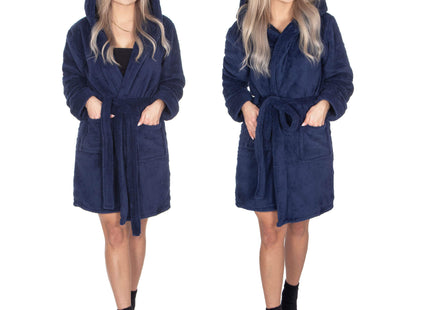 Badjas - Fleece - Marineblauw - Capuchon - Riem - Maat L/XL