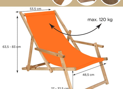 Ligbed | Strandstoel | Ligstoel | Verstelbaar | Arm Leuning | Beukenhout | Geïmpregneerd | Handgemaakt | Oranje