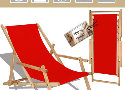 Ligbed | Strandstoel | Ligstoel | Verstelbaar | Arm Leuning | Beukenhout | Geïmpregneerd | Handgemaakt | Rood