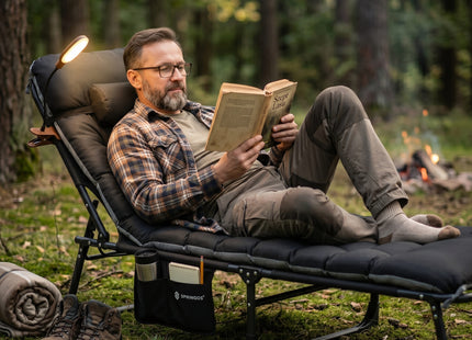 Campingbed | Campingstoel | Kampeerstoel | Verstelbaar | Vouwstoel | Visstoel | Inklapbaar | Zwart/Grijs | 120 Kg | 175 x 57 x 70 Cm