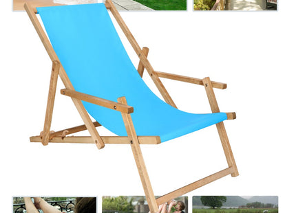 Ligbed | Strandstoel | Ligstoel | Verstelbaar | Arm Leuning | Beukenhout | Geïmpregneerd | Handgemaakt | Blauw