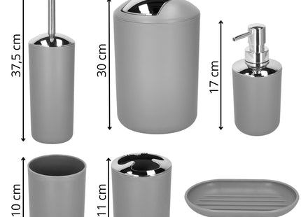 Badkameraccessoiresset - Prullenbak - Toiletborstel - Zeepdispencer - Tandenborstelbeker - Zeepbak - Mok - Grijs