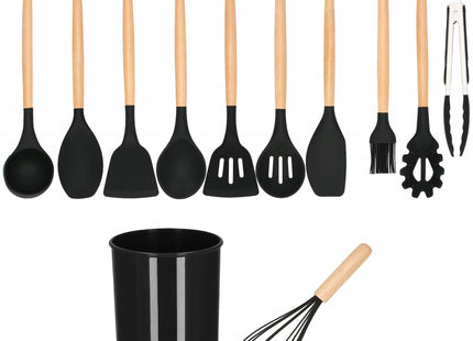 Kookgerei Set | 12 Delig | Keukengerei Siliconen Set | Bamboe/Siliconen | Zwart