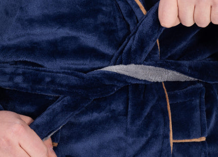 Badjas - Fleece - Marineblauw - Grijstint - Capuchon - Riem - Maat L/XL