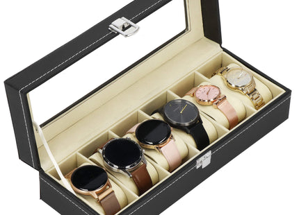 Horlogedoos - Horlogebox - Horlogeopberger -  Suède - Zwart - Creme - 6 Horloges