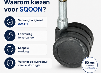 SQOON® Zwenkwiel 50 mm geschikt voor Numatic PPR / PPT / WV / CVC / GVE – Vervanger voor 204111