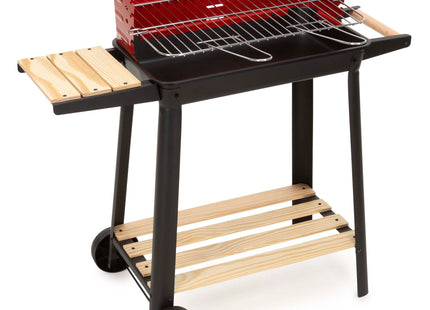 Houtskool barbecue -Op Wielen - BBQ - Asopvangbak - Kunststof - RVS - Zwart - Rood - Houtlook - 5 Standen