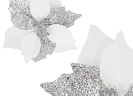 Kunstbloem Met Clip- Poinsettiatak - Ster van Bethlehem - Wit/Zilver - Glitters