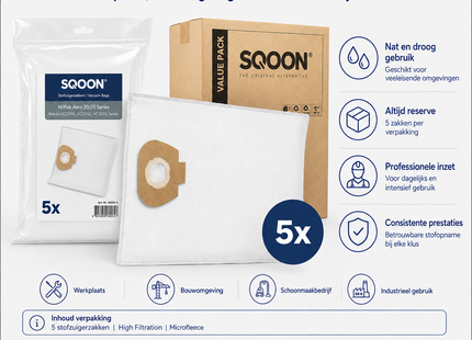 SQOON® Stofzuigerzakken Geschikt voor Nilfisk Alto / WAP / KEW AERO 20/25 & Makita VC2010 / VC2512 / VC3011 - 5 Stuks