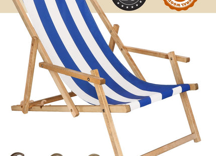 Ligbed | Strandstoel | Ligstoel | Verstelbaar | Arm Leuning | Beukenhout | Geïmpregneerd | Handgemaakt | Blauw Wit
