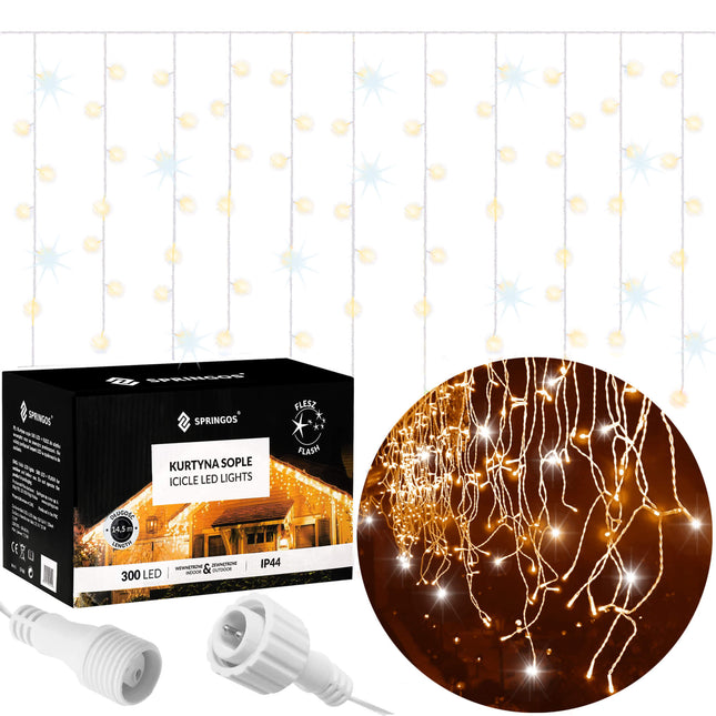 IJspegel Verlichting | 12 m + 2.5 m Snoer | 300 LED | Warm Wit+ koel wit flits | Koppelbaar | Flits
