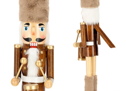 Notenkraker 38 cm – Houten Kerstsoldaat met Trommel – Bruin en Goud – Traditionele Kerstdecoratie met Beweegbare Mond