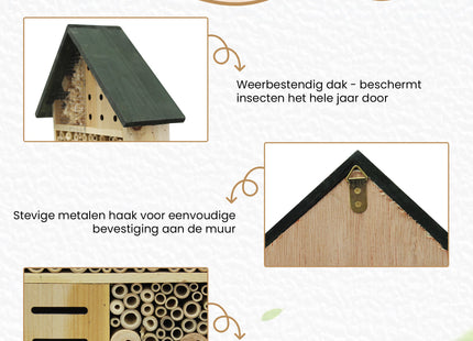 Insectenhotel - Vlinderhotel - Bijenhotel - Duurzaam - Decoratie - Hout - 10 x 30 x 50 Cm