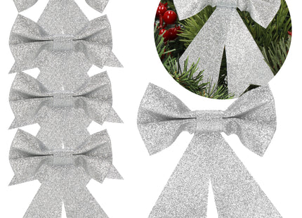 Kerstboomhanger | Strik | Zilver |  Glitter | 4 Stuks | 13 Cm