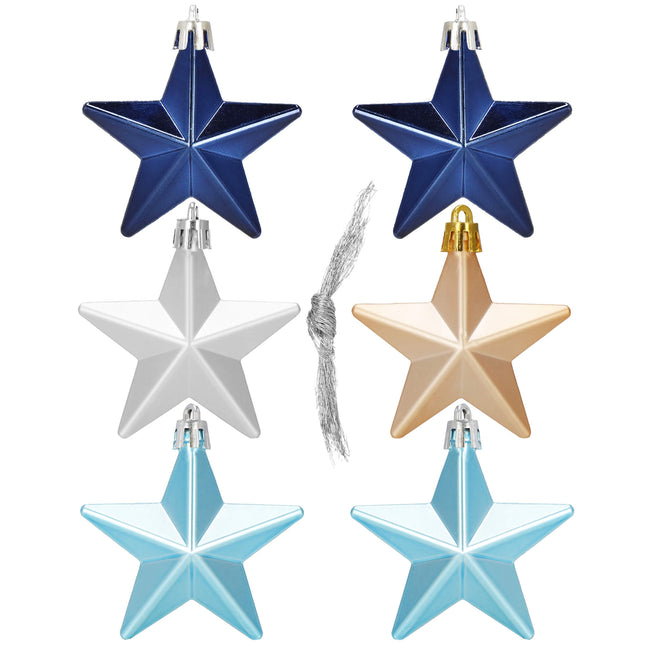 Kerstballen | Sterren | 6 Stuks | Grijs/Marineblauw/Blauw/Roze